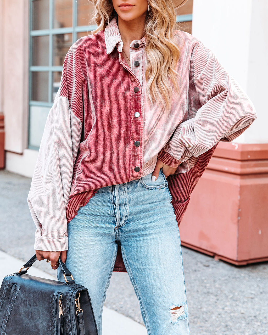 Gus Cotton Colorblock Corduroy Shacket - Rose Burgundy