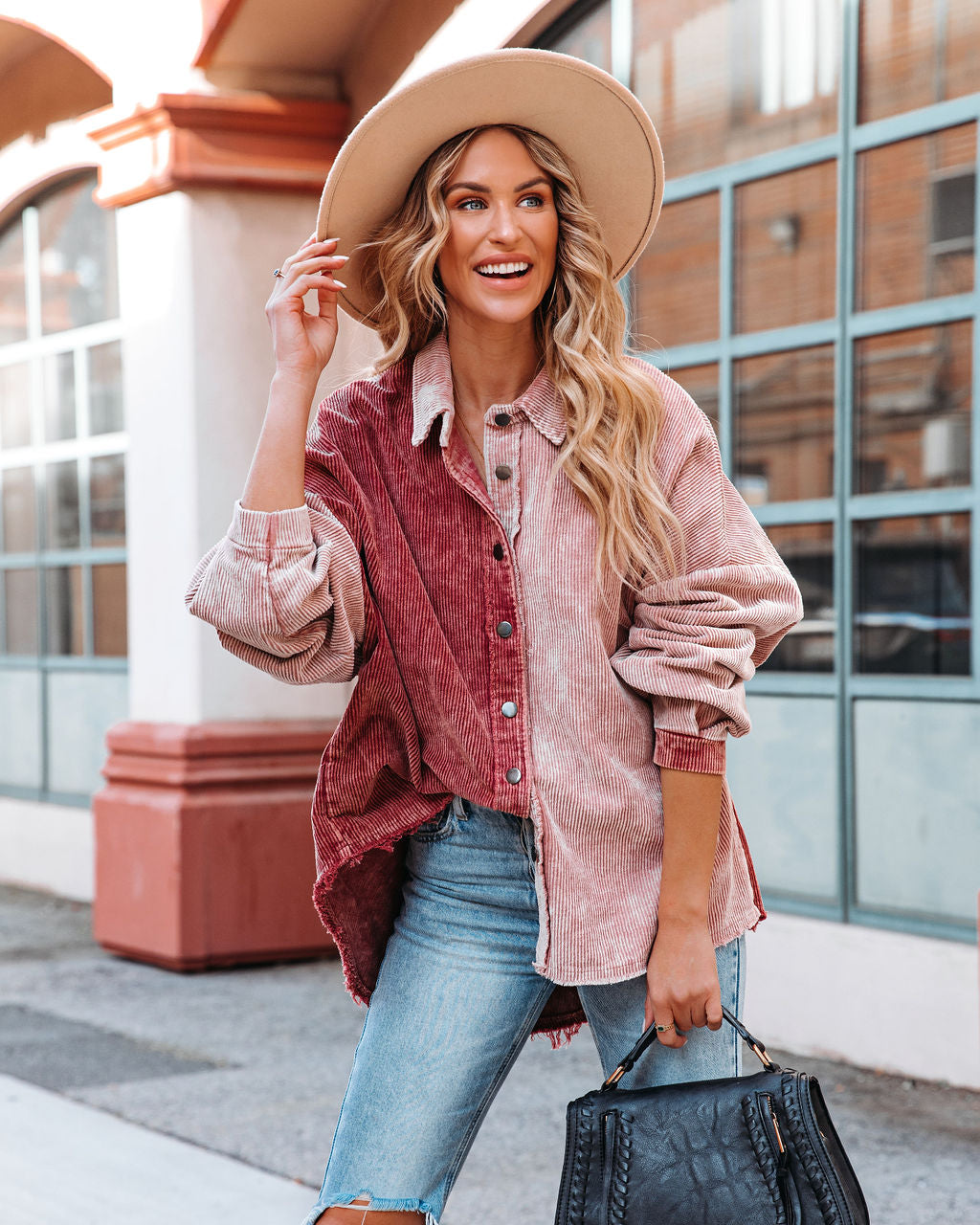 Gus Cotton Colorblock Corduroy Shacket - Rose Burgundy