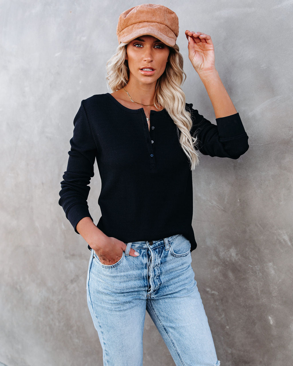 Gwen Cotton + Modal Thermal Henley Top - Black