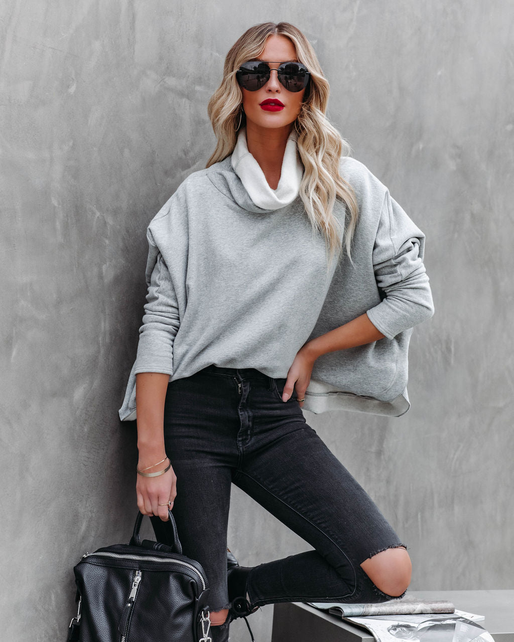 Kylie Cotton Cowl Neck Dolman Sweatshirt - Heather Grey