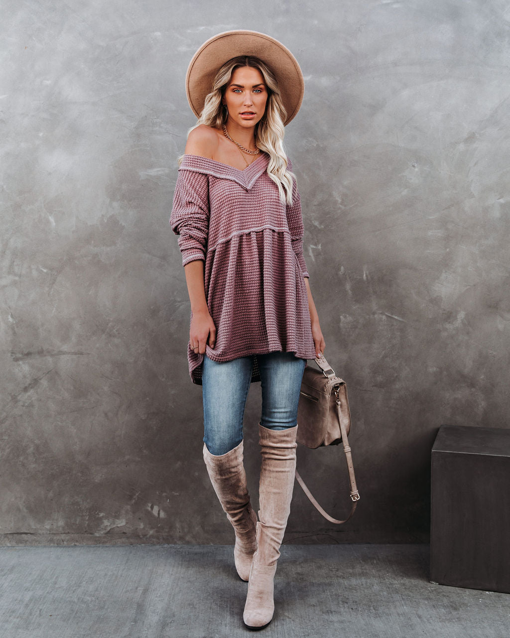 Larsa Thermal V-Neck Peplum Top - Mauve
