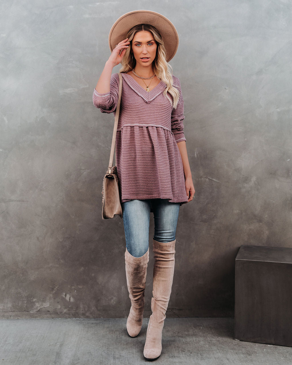 Larsa Thermal V-Neck Peplum Top - Mauve