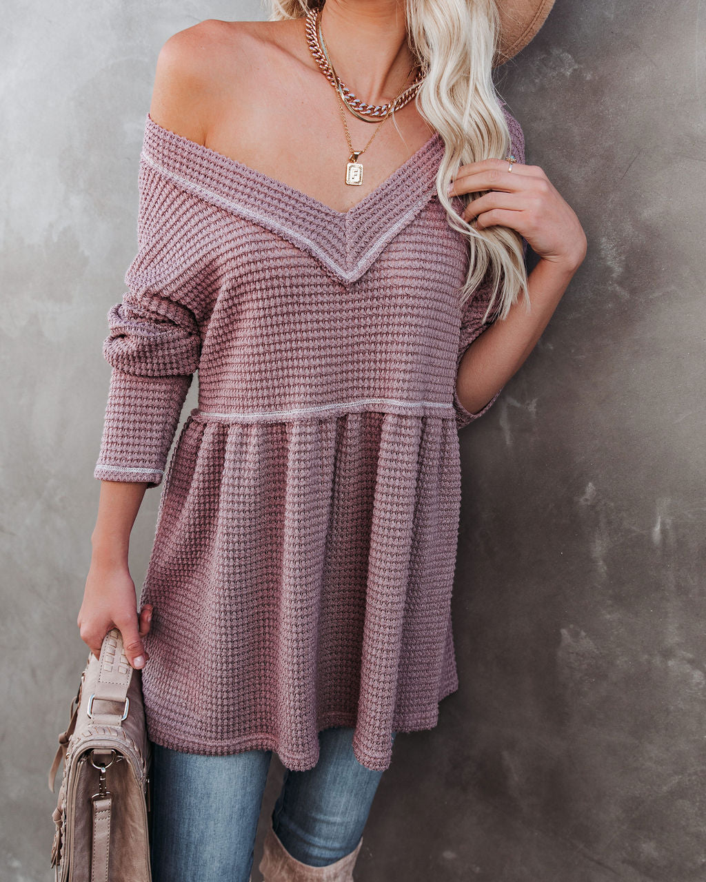 Larsa Thermal V-Neck Peplum Top - Mauve