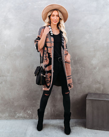 Lazy Bear Pocketed Fuzzy Knit Coatigan - Camel