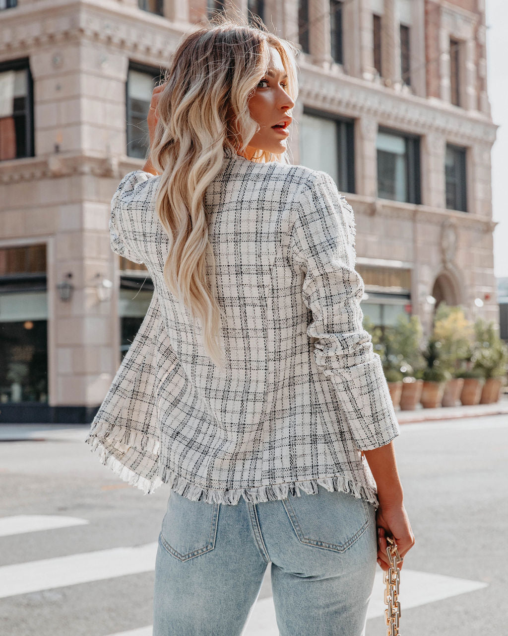 Leala Pocketed Frayed Tweed Blazer - Ivory