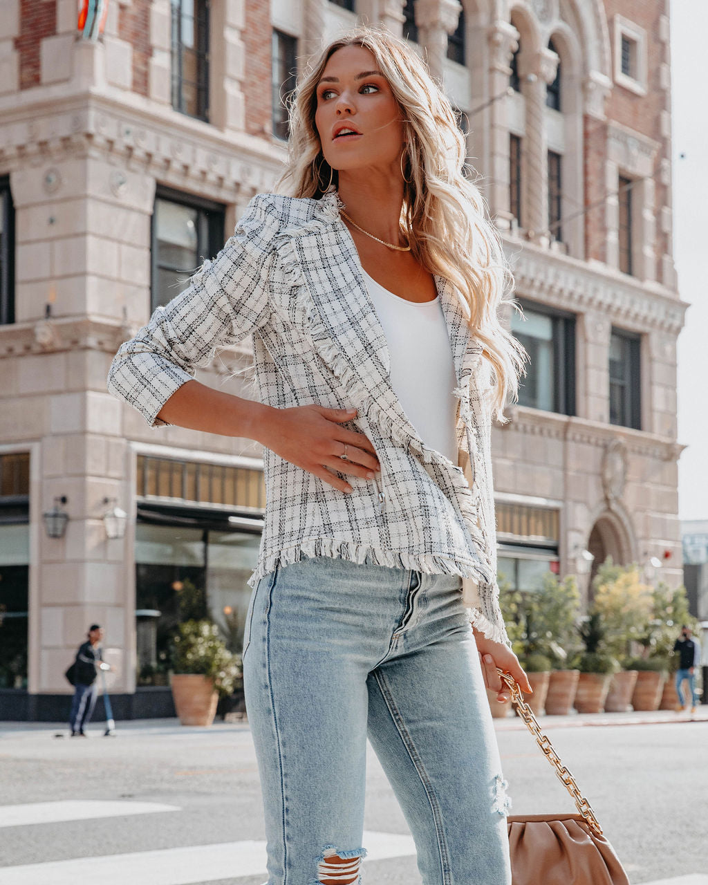 Leala Pocketed Frayed Tweed Blazer - Ivory