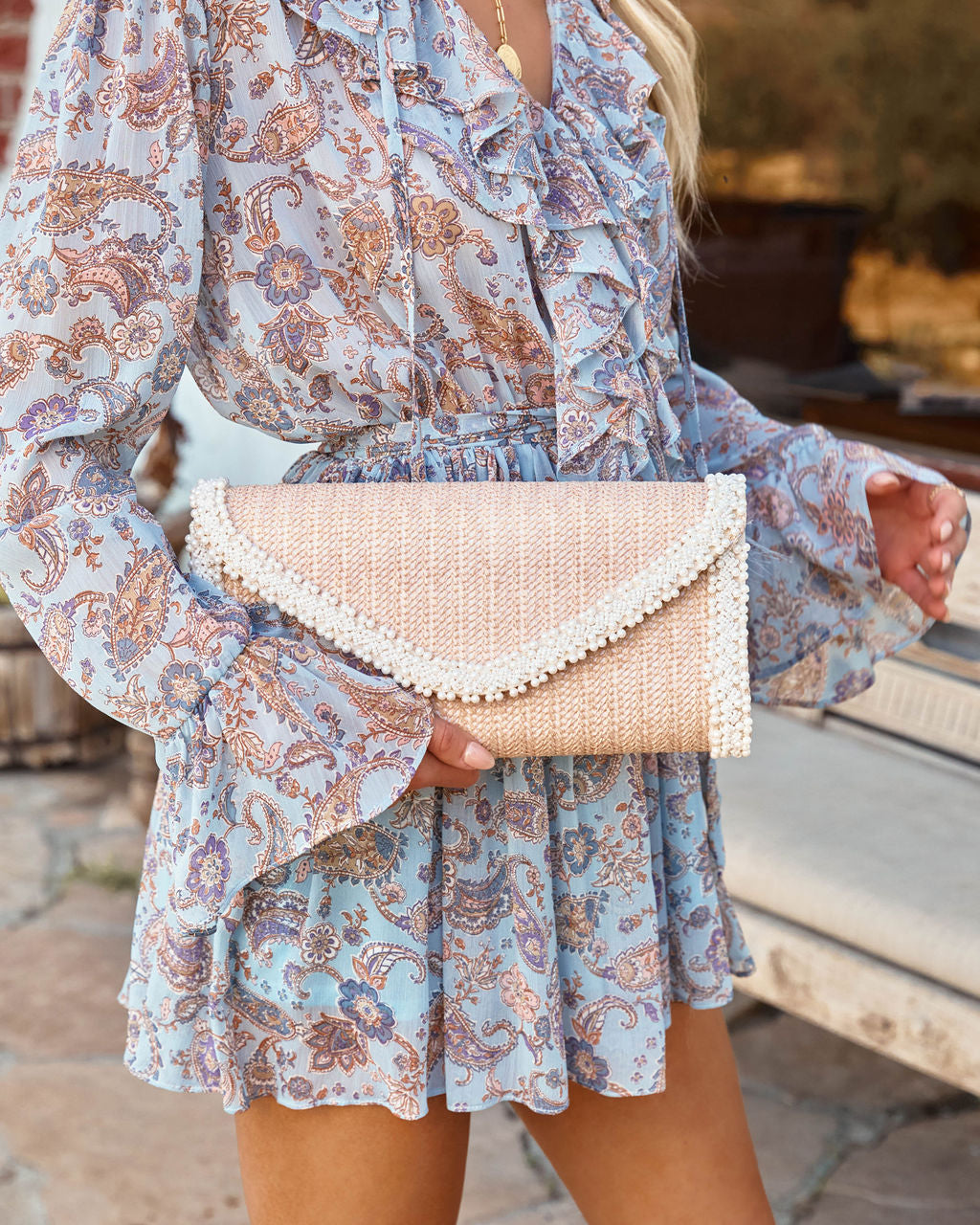 Lillia Woven Beaded Crossbody Clutch - Natural