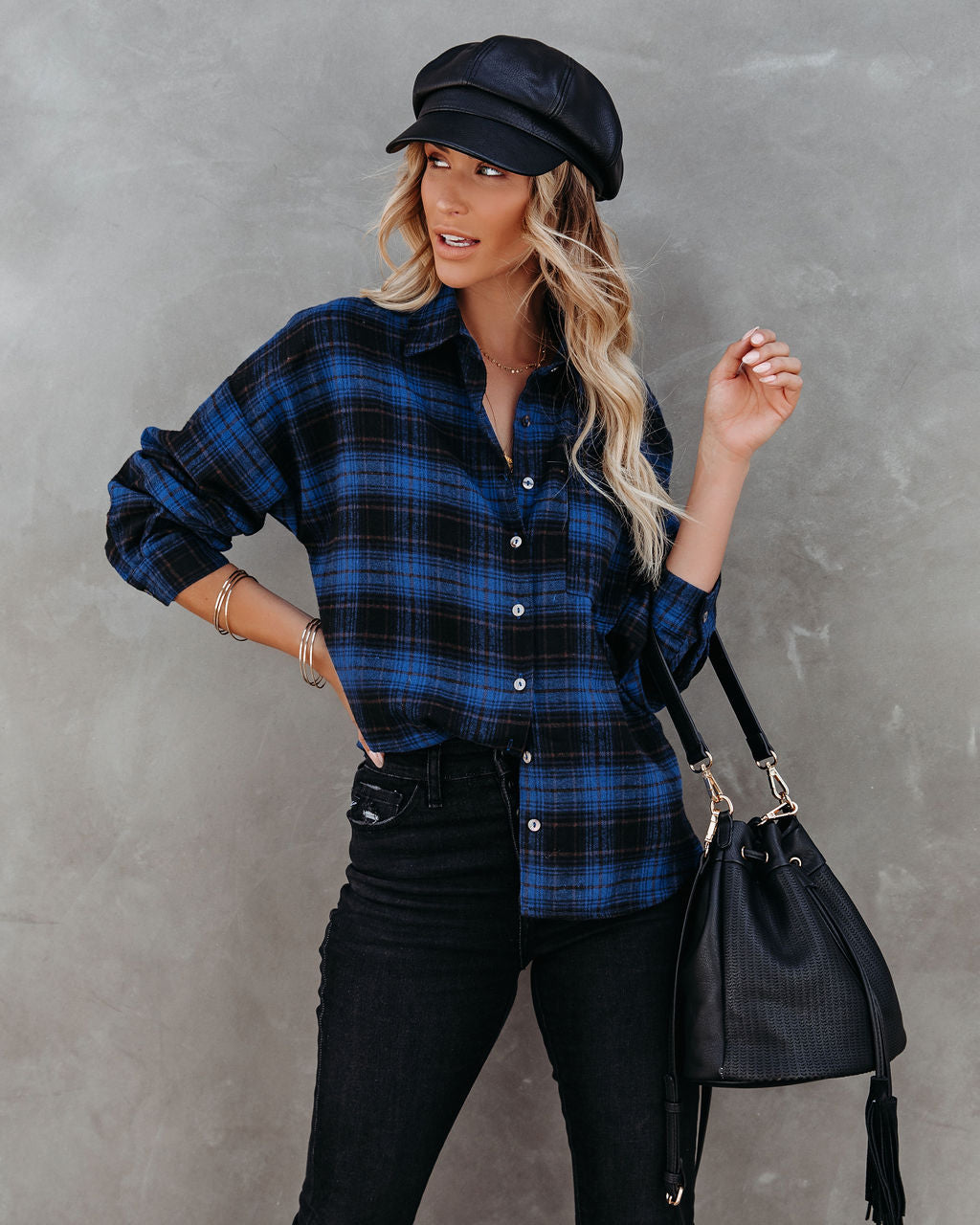Linden Cotton Blend Plaid Button Down Top