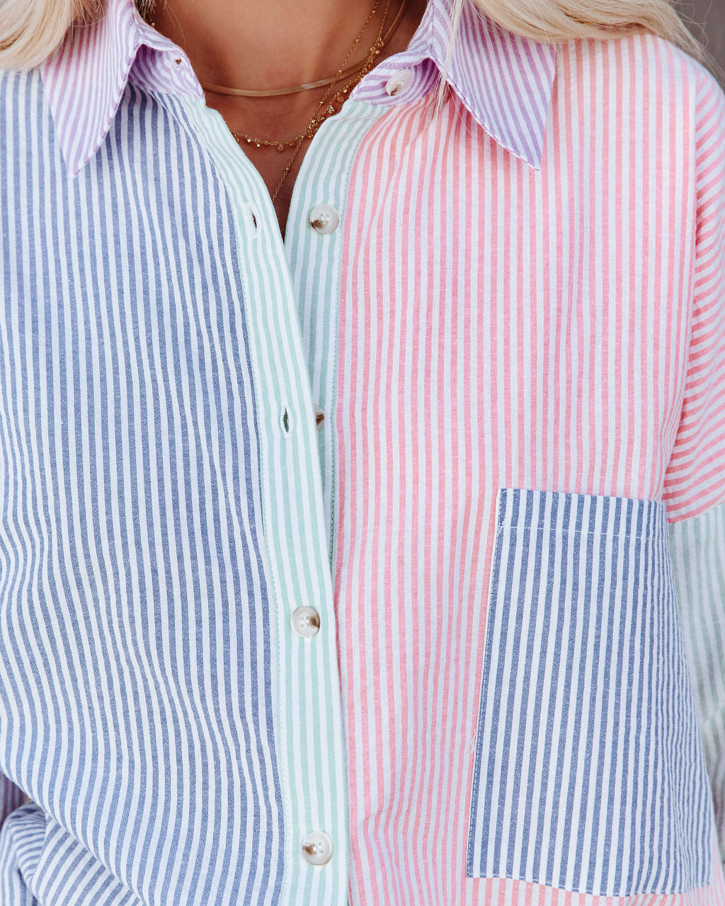 Logan Cotton Blend Colorblock Button Down Top