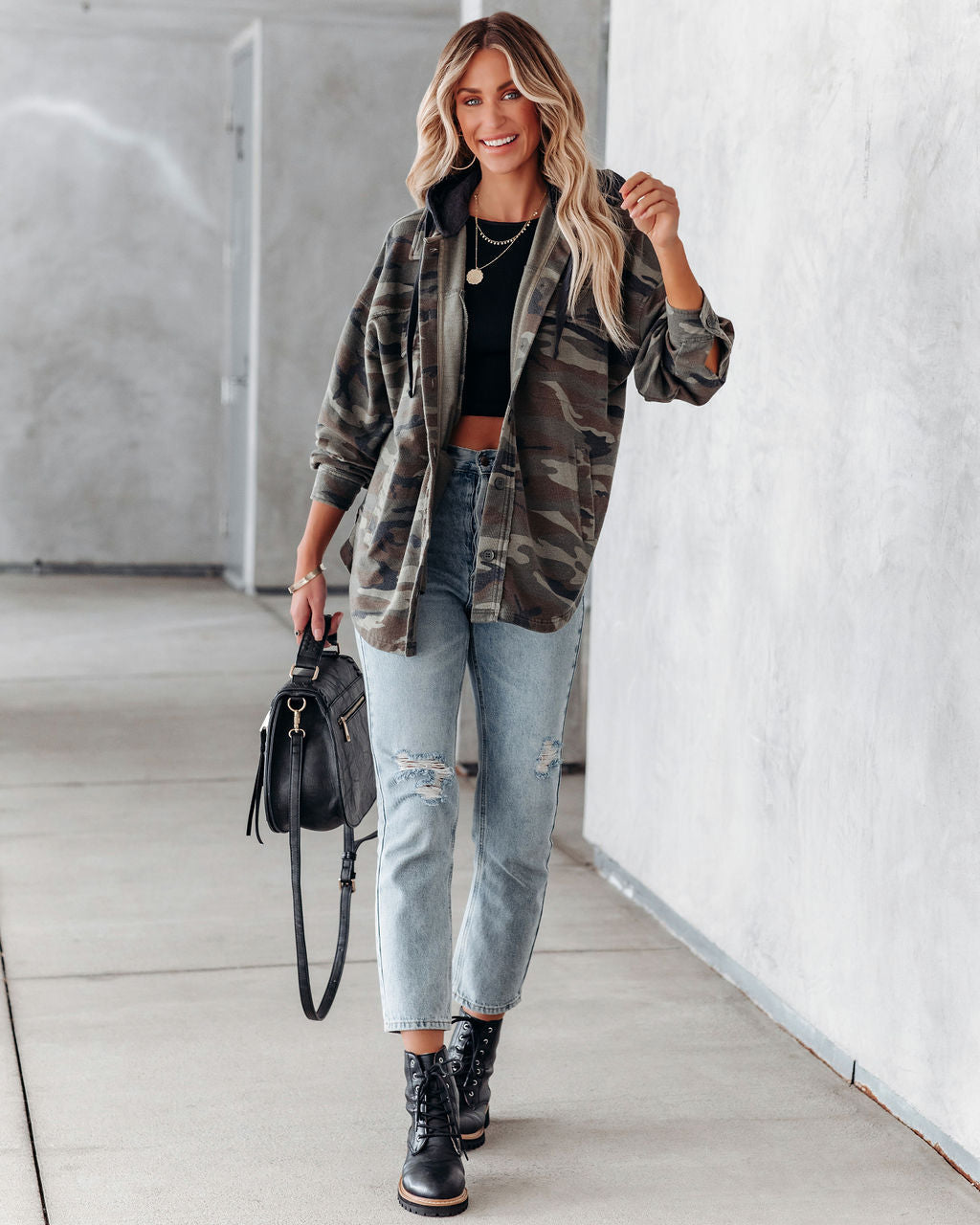 Lolo Cotton Blend Pocketed Hooded Camo Jacket - Olive