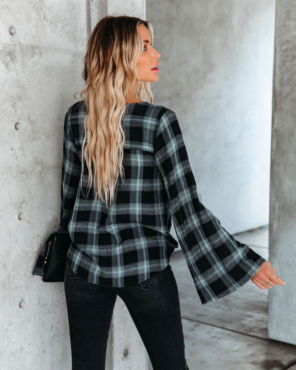 Lonzo Cotton Plaid Bell Sleeve Top - Black