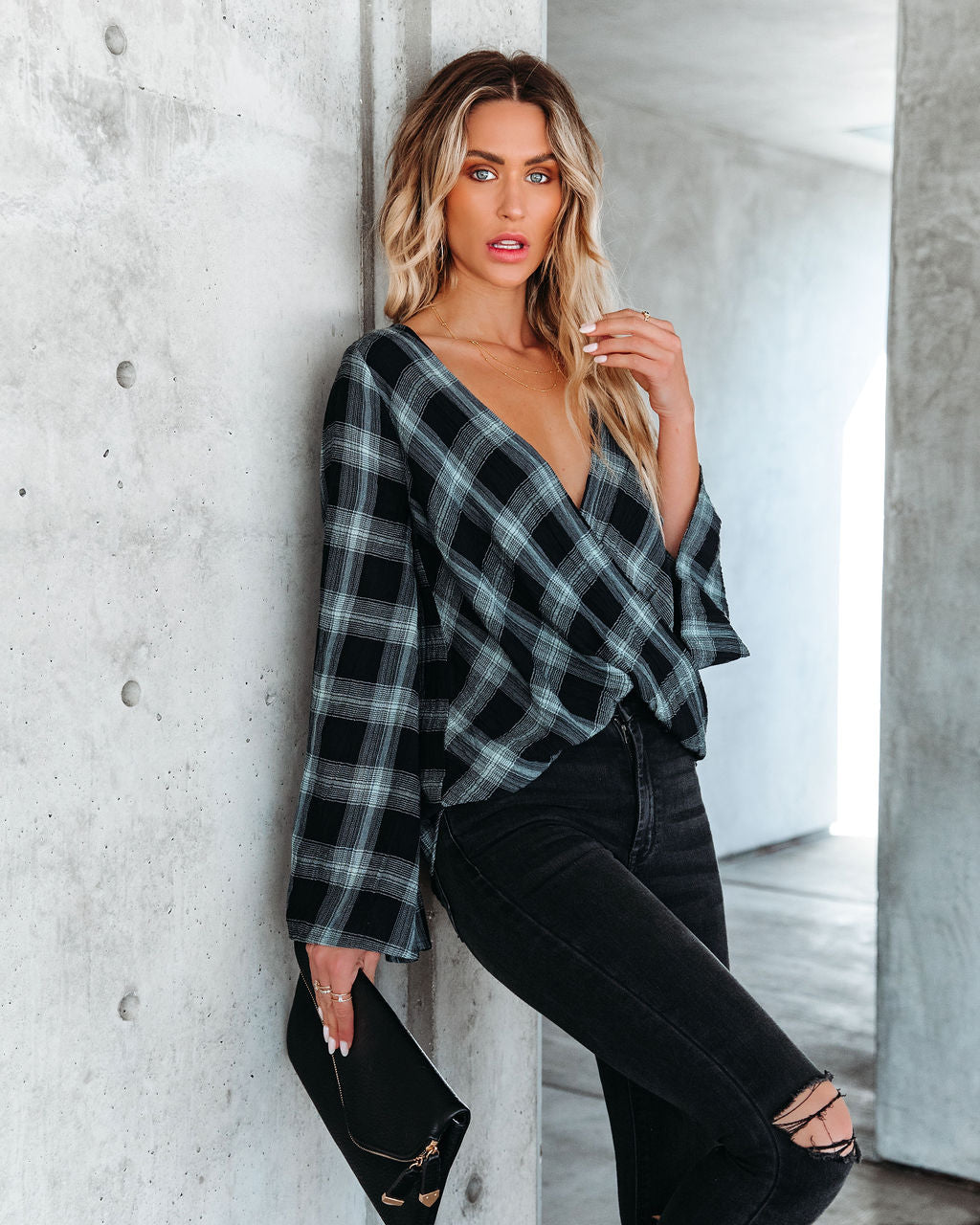 Lonzo Cotton Plaid Bell Sleeve Top - Black