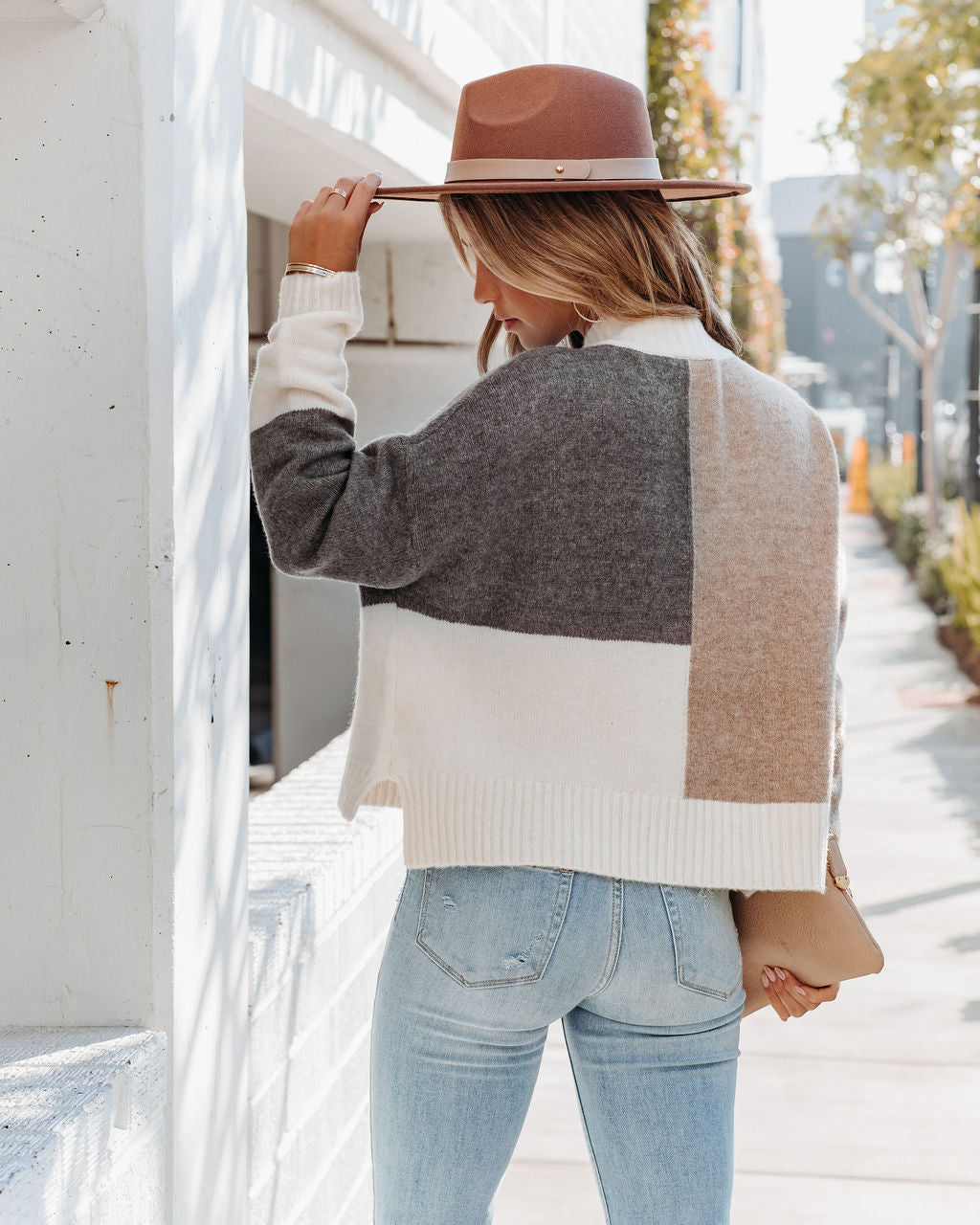 Lora Colorblock Crop Knit Sweater - Mocha Multi