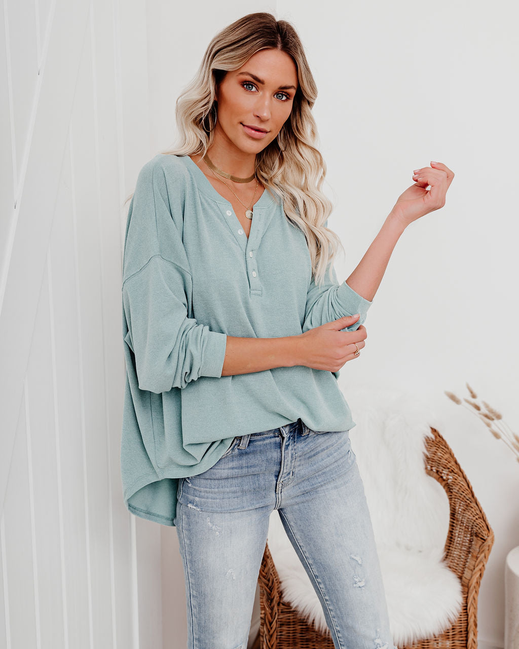 Maggie Relaxed Knit Henley Top - Sage