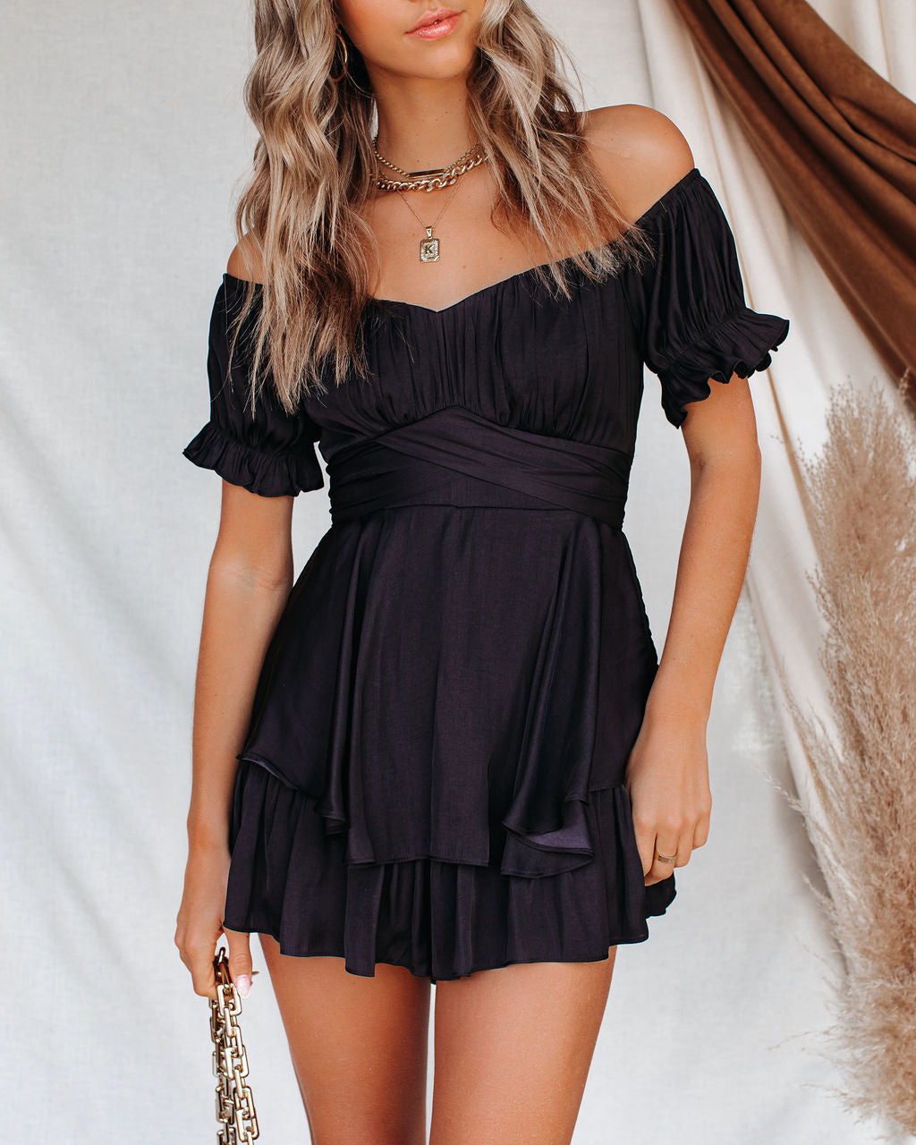 Margot Satin Off The Shoulder Romper - Black