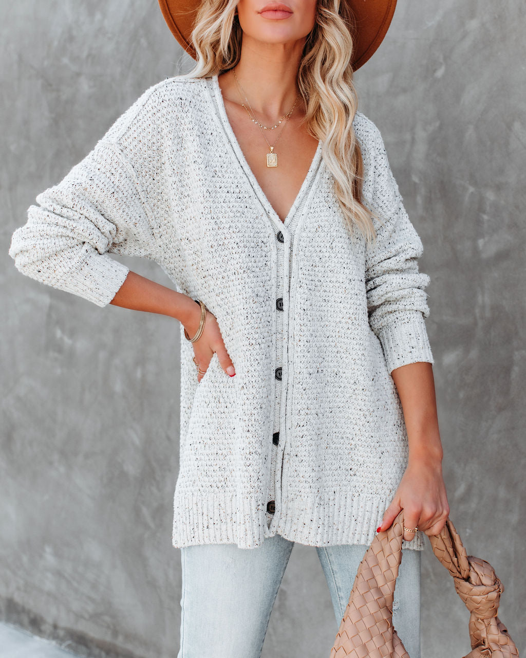 Matix Button Front Speckled Knit Cardigan - Ivory