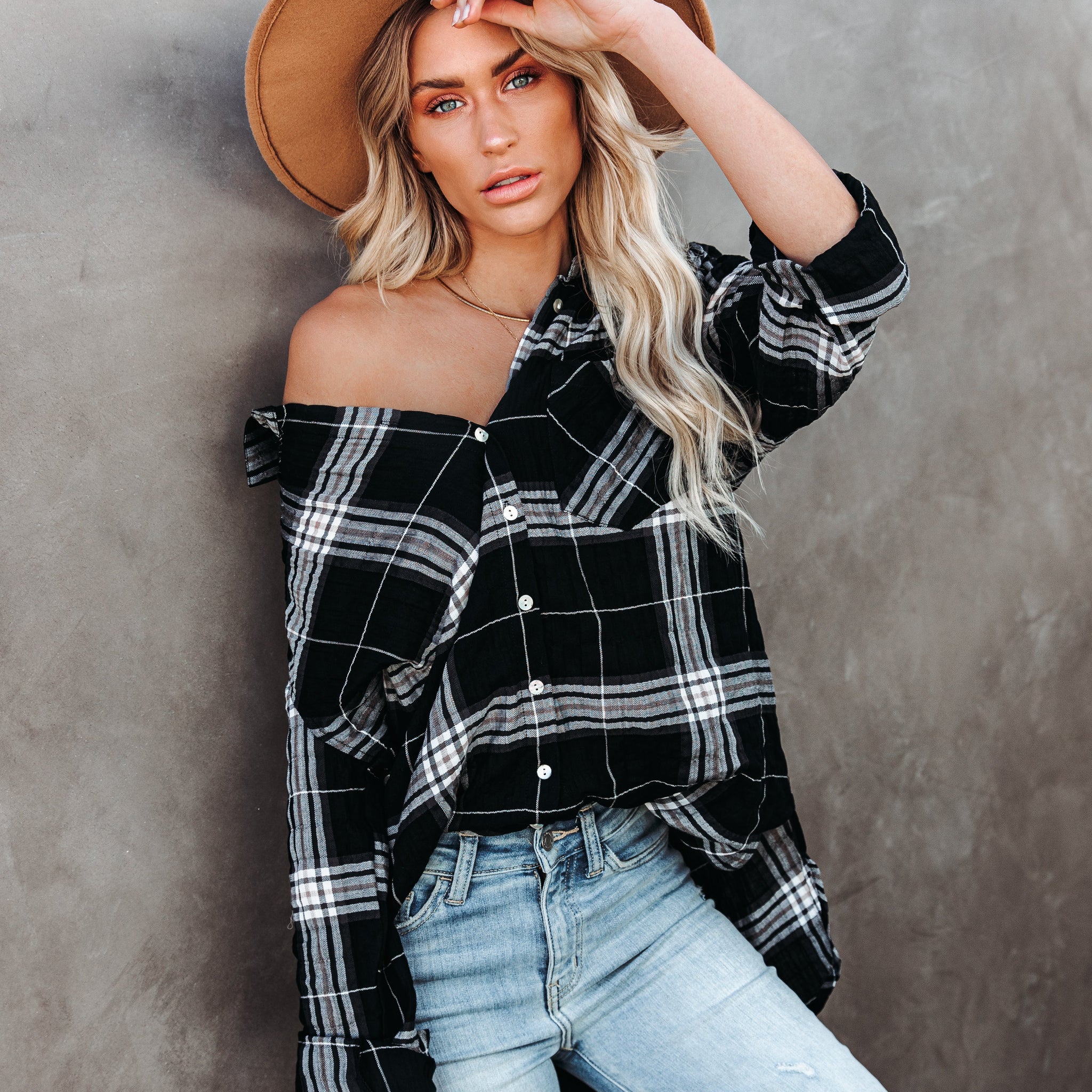 Melancholy Plaid Button Down Top