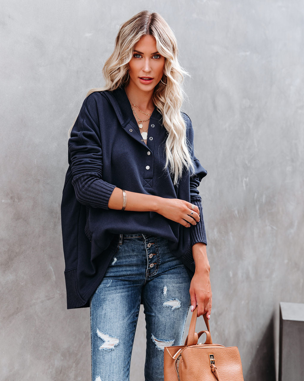 Mindful Cotton Pocketed Henley Hoodie - Navy