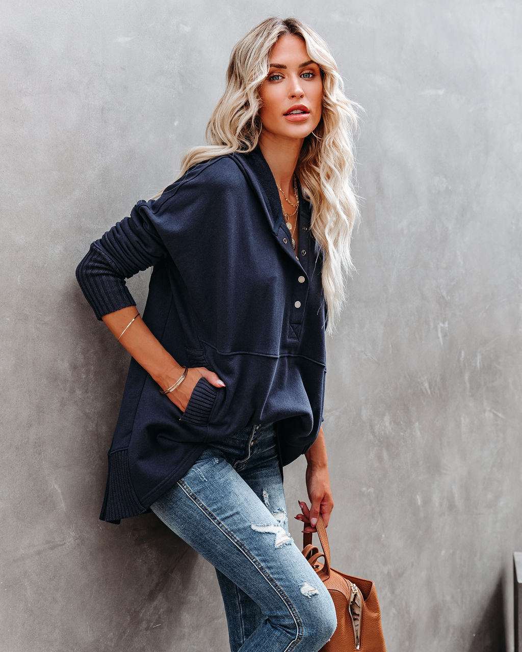 Mindful Cotton Pocketed Henley Hoodie - Navy