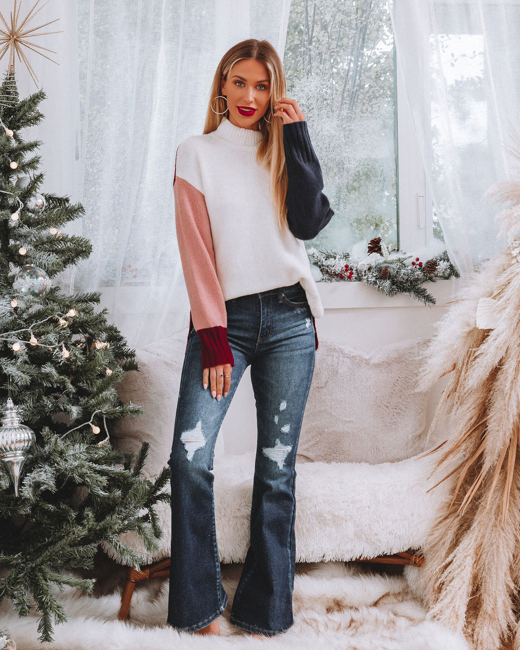 Morningside Mock Neck Colorblock Sweater - Cream Multi