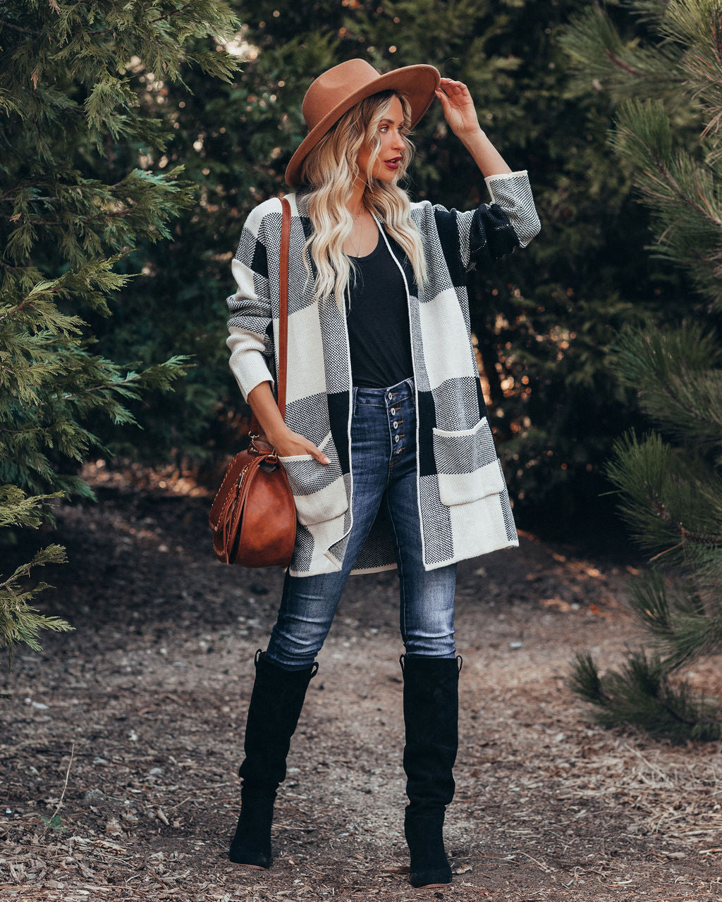 Odelia Pocketed Checkered Knit Cardigan
