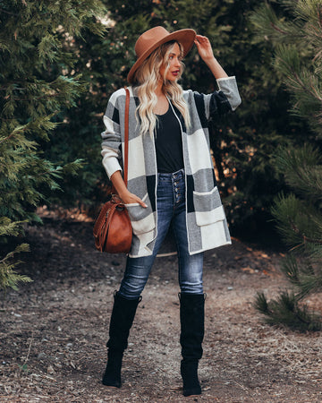 Odelia Pocketed Checkered Knit Cardigan