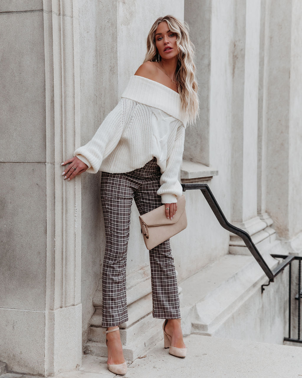 Oxford Off The Shoulder Cable Knit Sweater - Ivory