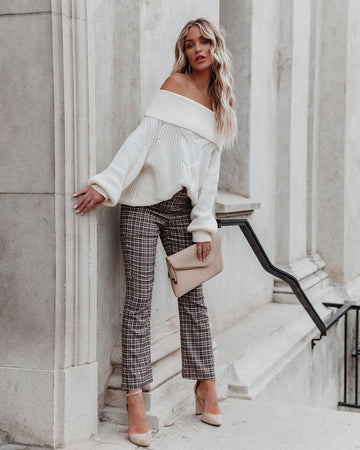 Oxford Off The Shoulder Cable Knit Sweater - Ivory