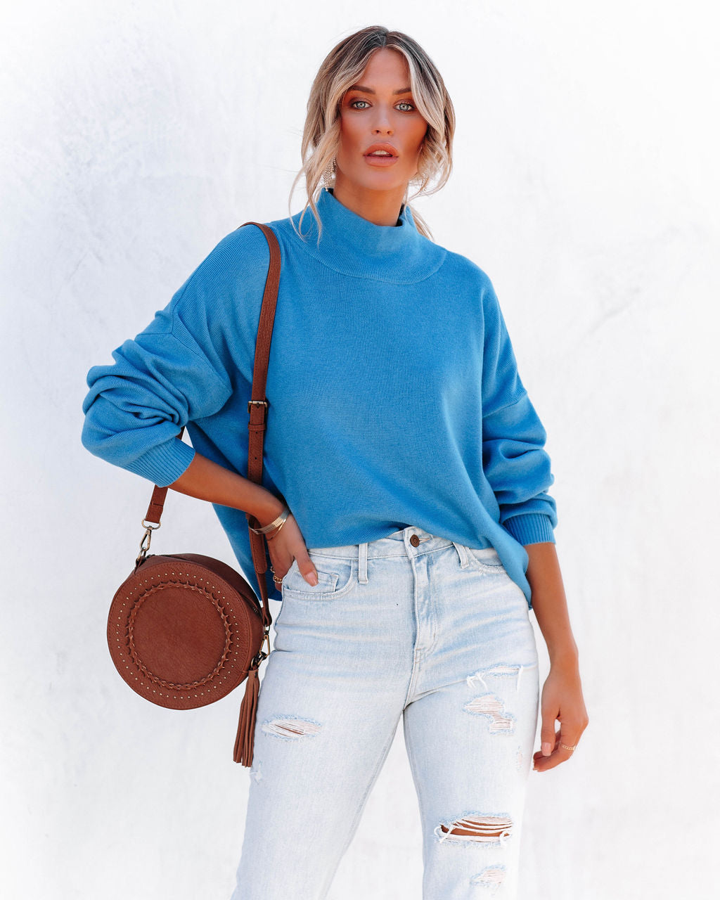 Parkin Mock Neck Knit Sweater - Blue
