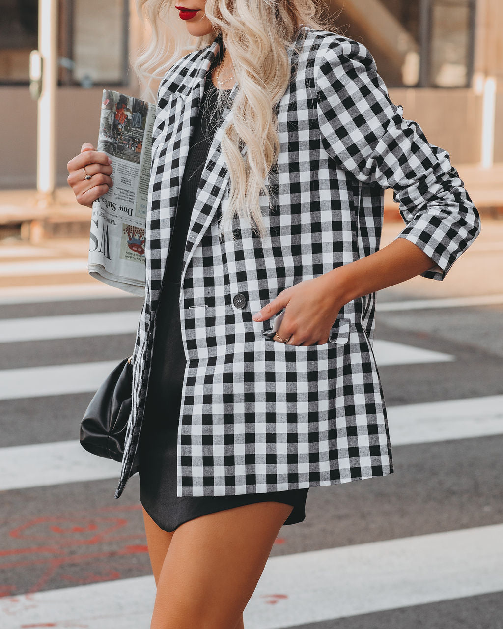 Rochelle Cotton Blend Pocketed Gingham Blazer - Black