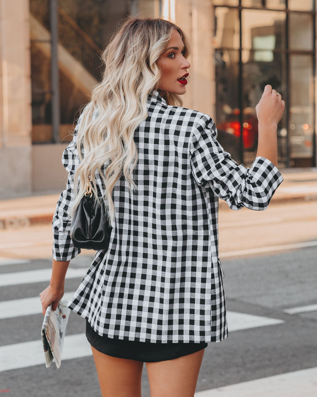 Rochelle Cotton Blend Pocketed Gingham Blazer - Black