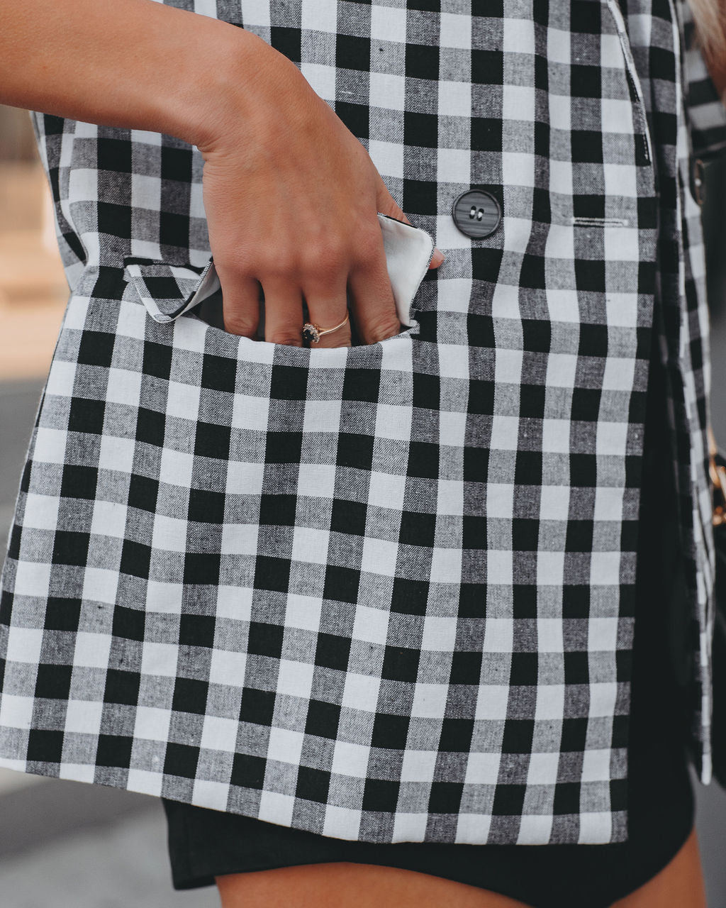 Rochelle Cotton Blend Pocketed Gingham Blazer - Black