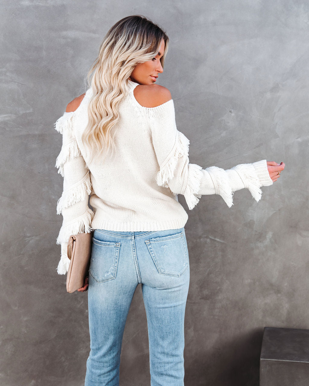 Roundabout Cold Shoulder Fringe Knit Sweater - Ivory