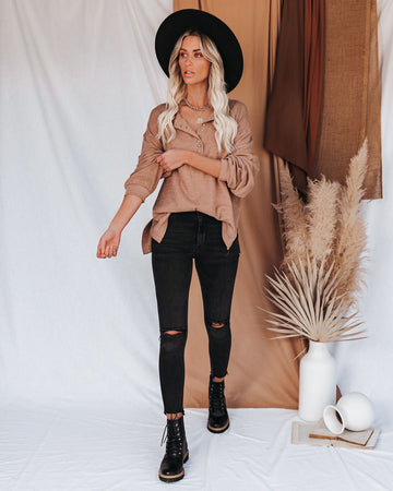 Rowena Cotton Relaxed Henley Top - Light Mocha