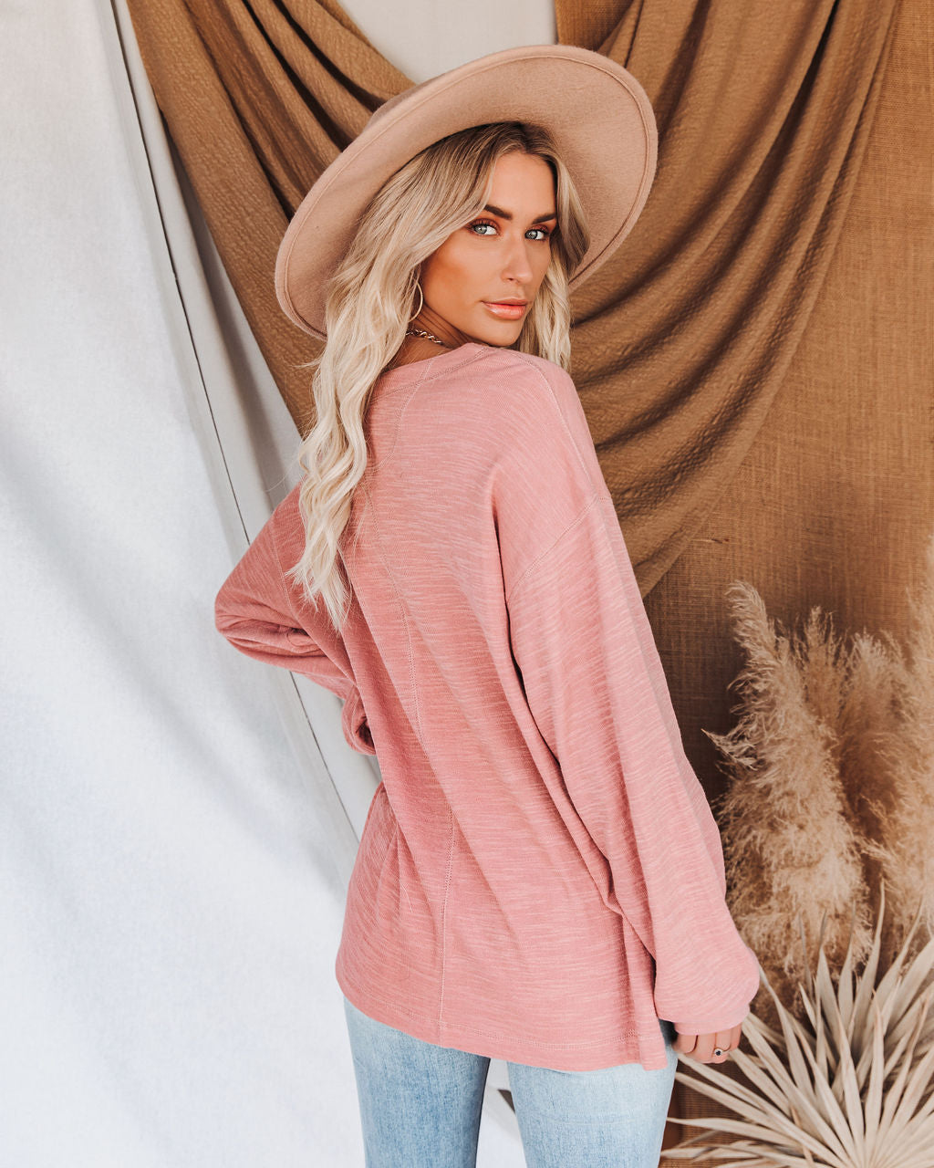 Rowena Cotton Relaxed Henley Top - Mauve