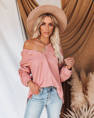 Rowena Cotton Relaxed Henley Top - Mauve