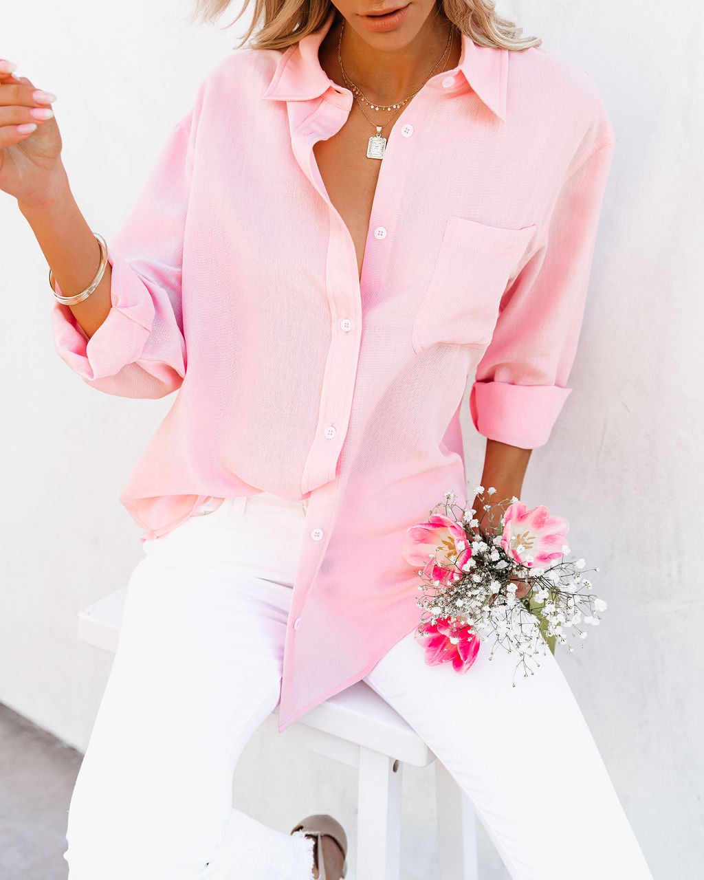Royce Cotton Button Down Top - Baby Pink