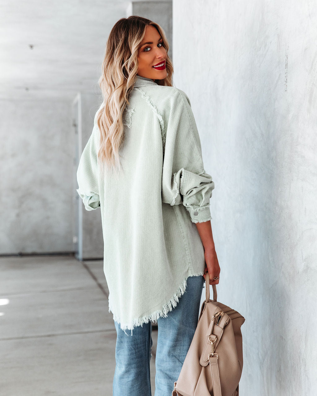 Rydian Cotton Frayed Corduroy Shacket - Pale Sage