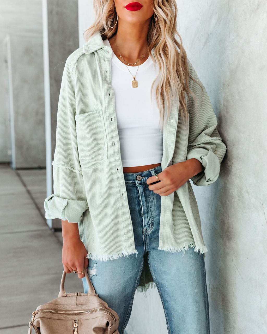 Rydian Cotton Frayed Corduroy Shacket - Pale Sage