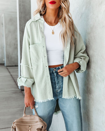 Rydian Cotton Frayed Corduroy Shacket - Pale Sage