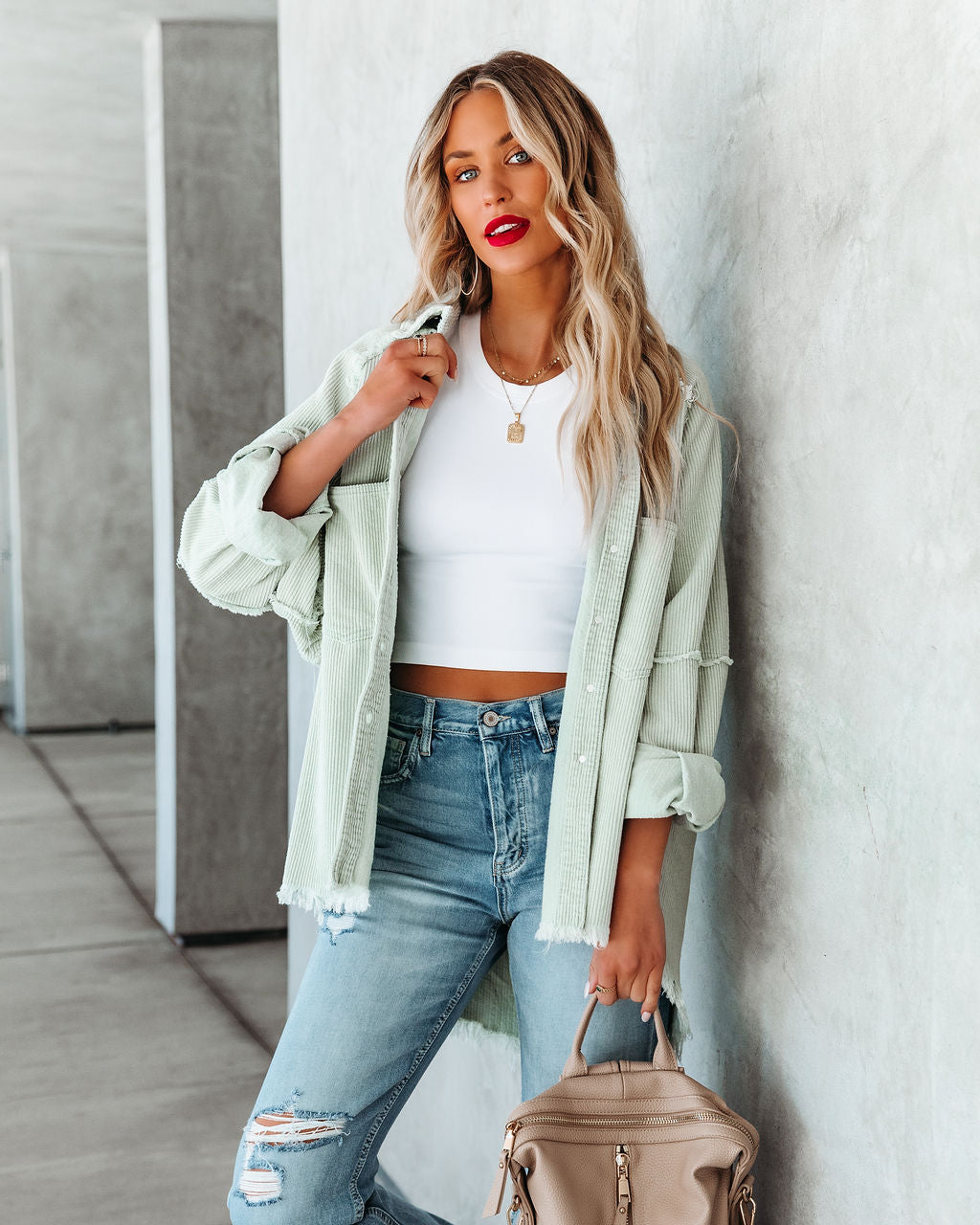 Rydian Cotton Frayed Corduroy Shacket - Pale Sage