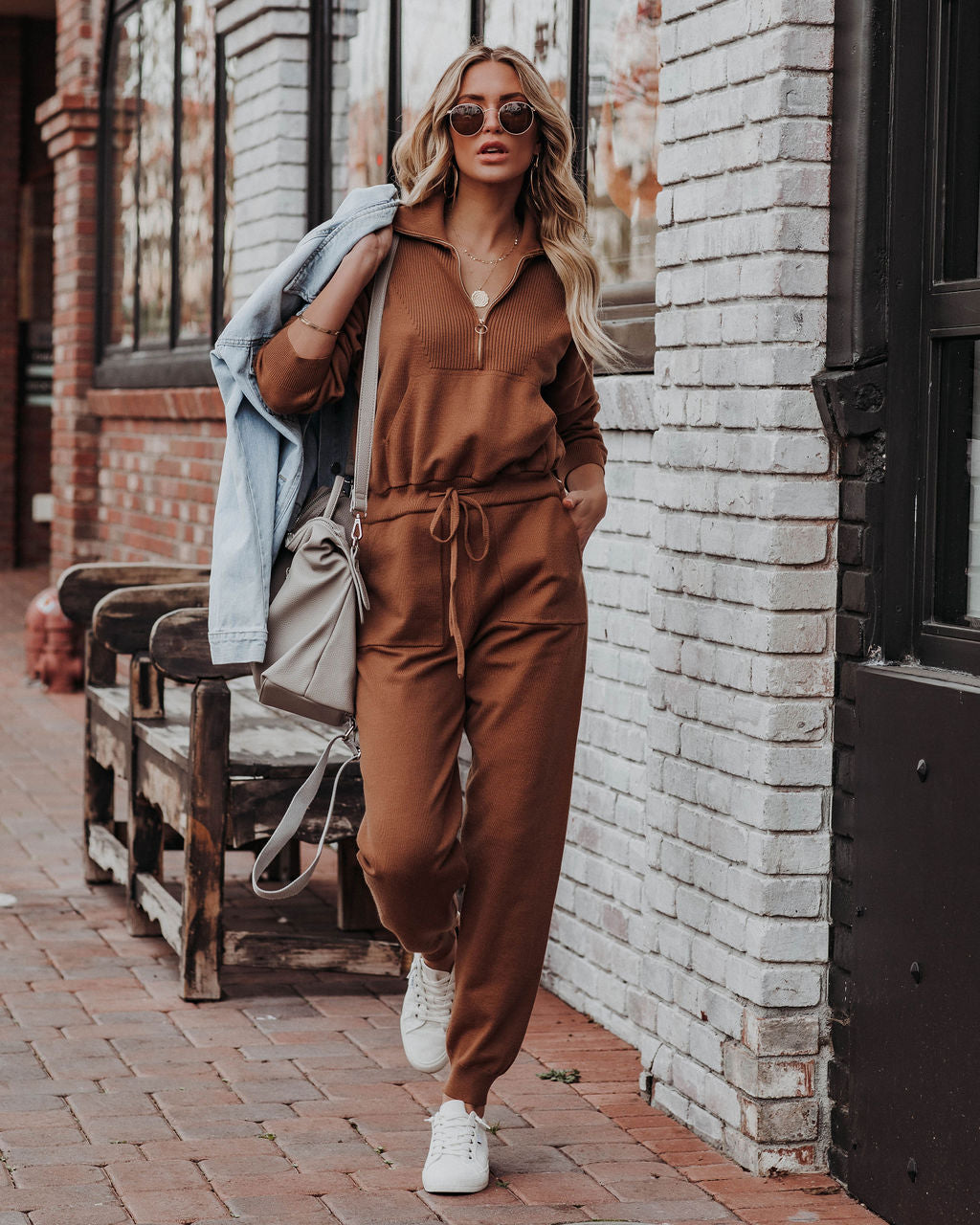 Ryker Pocketed Half Zip Knit Jumpsuit - Camel