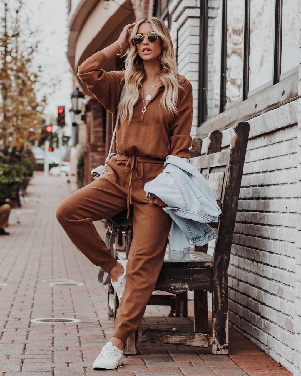Ryker Pocketed Half Zip Knit Jumpsuit - Camel