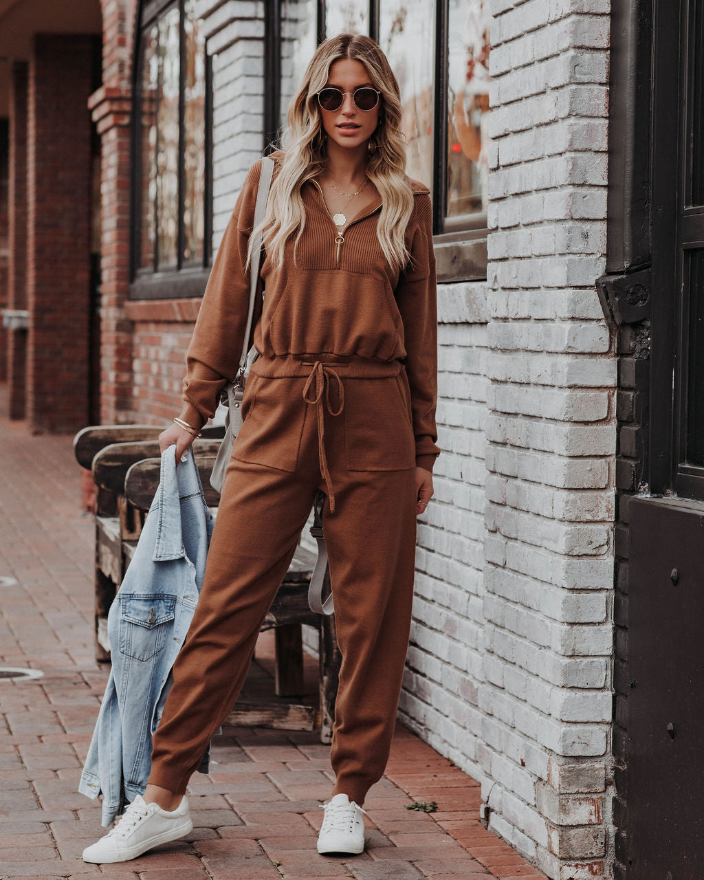 Ryker Pocketed Half Zip Knit Jumpsuit - Camel