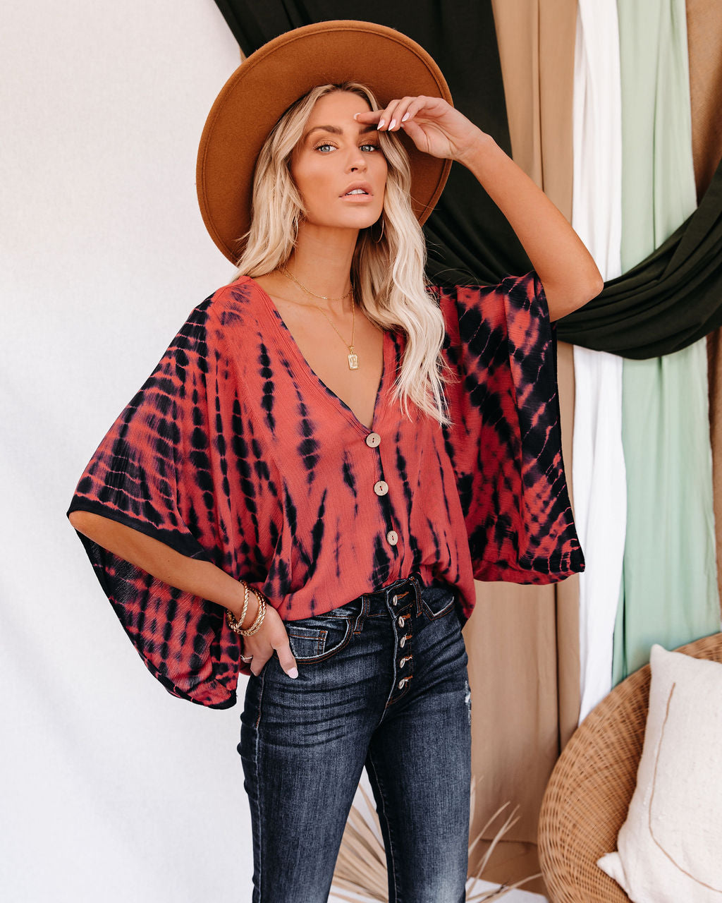 Saline Tie Dye Button Down Kimono Top - Salmon