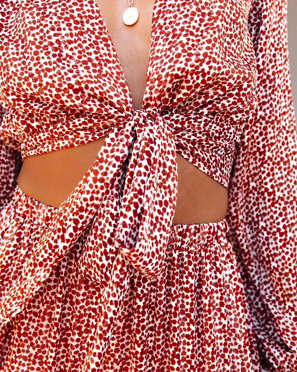 Scenery Printed Tie Front Crop Blouse - Camel