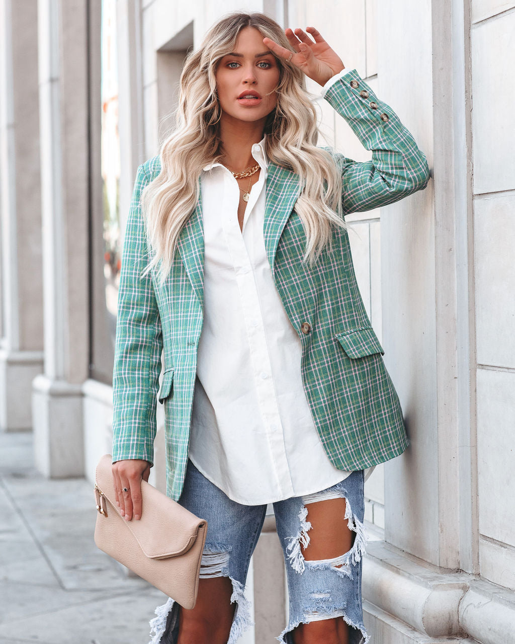 Shea Pocketed Plaid Blazer - Green