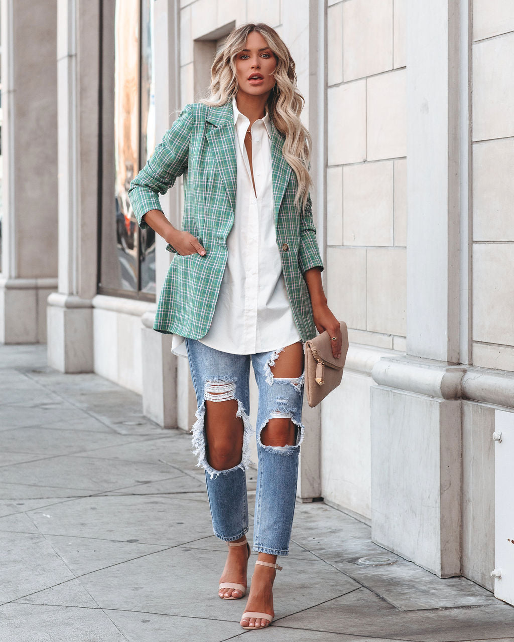 Shea Pocketed Plaid Blazer - Green