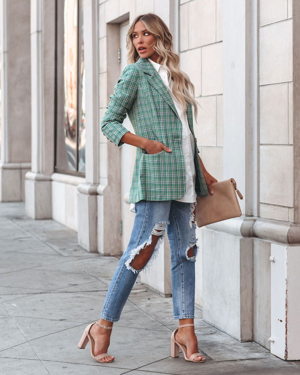 Shea Pocketed Plaid Blazer - Green