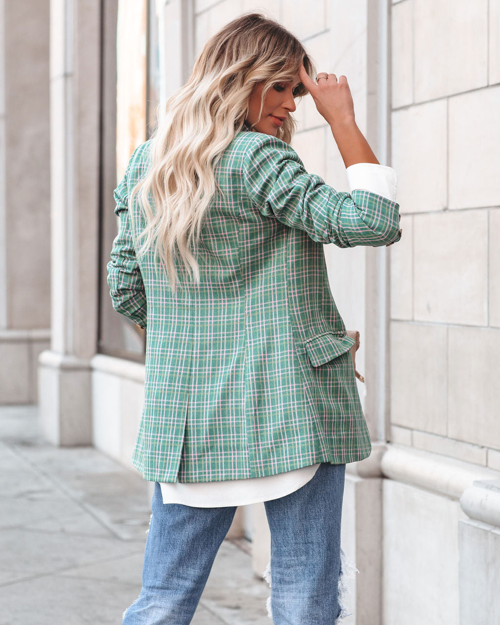Shea Pocketed Plaid Blazer - Green